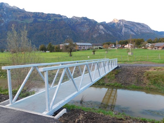 Fachwerkbrücke; in Stahl mit Gitterrostboden und Maschendraht als Absturzsicherung